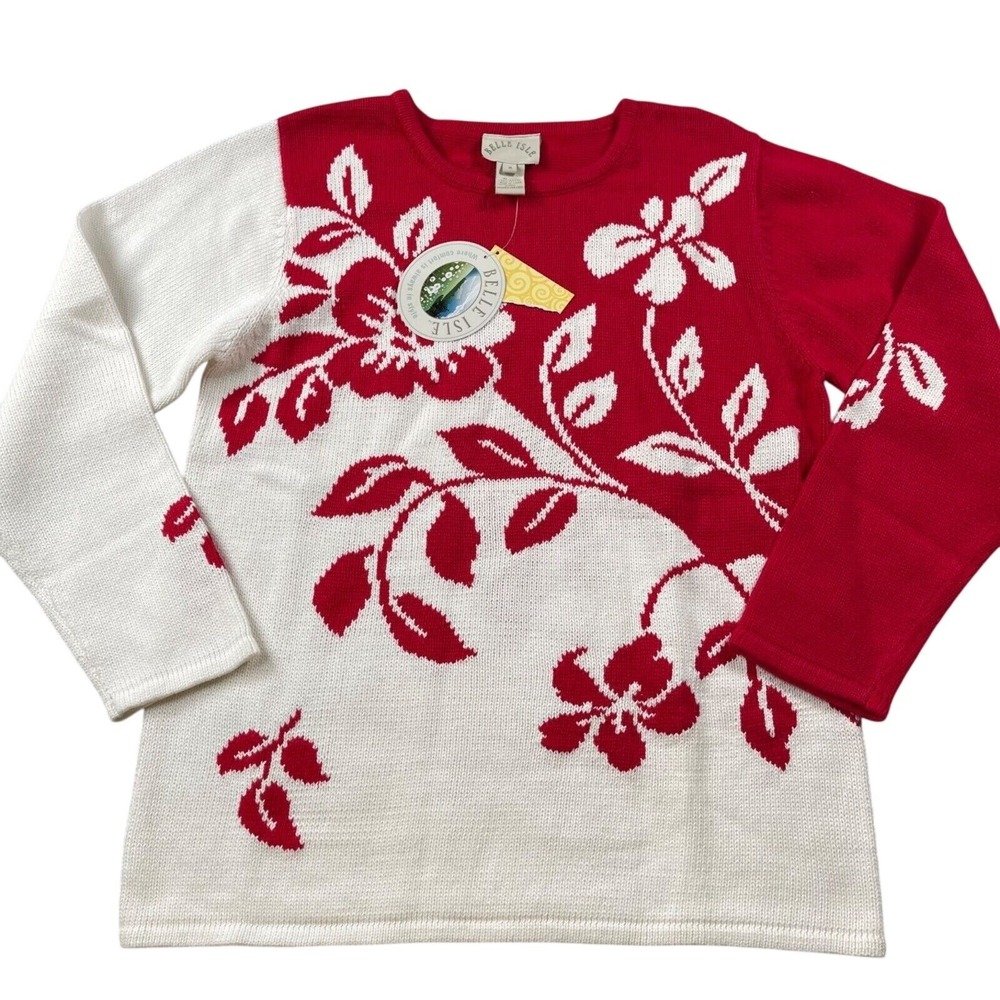 Belle Isle Sweater Medium Red White Floral Colorblock Intarsia Ramie Cotton QVC